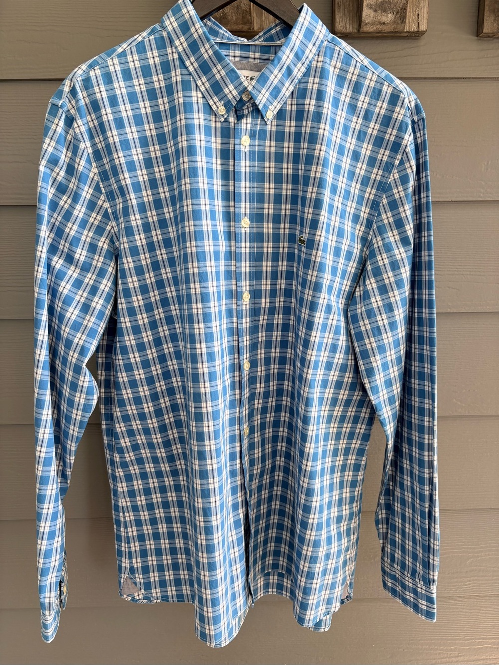 Lacoste Men's Shirt Blue & White Plaid Stretch Button-Down Slim
Fit Size XL
